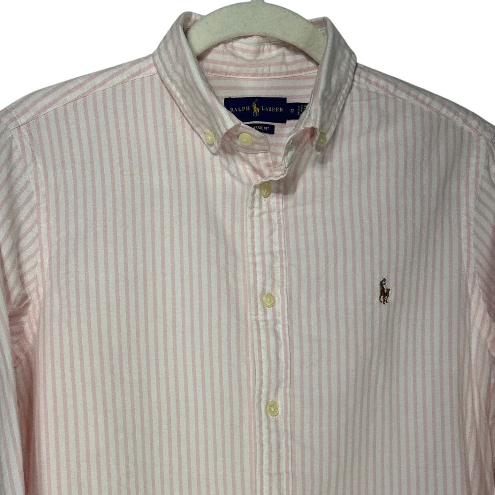 Ralph Lauren Boys Size 12 Classic Fit Pink White Striped Oxford Button Up Shirt
